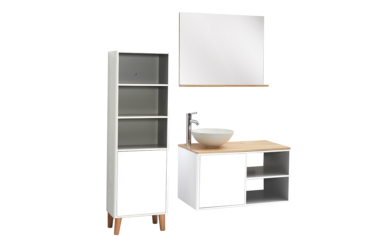 Mueble de bao con columna y espejo blanco y madera (lavabo no incluido) LATA
