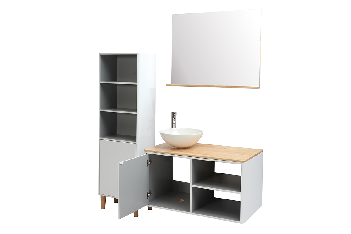Mueble de bao con columna y espejo blanco y madera (lavabo no incluido) LATA