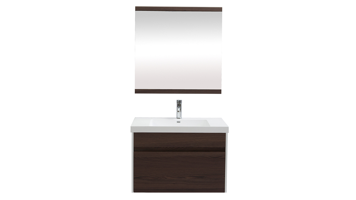 Mueble de bao con lavabo, espejo y almacenaje blanco y madera oscura GANFO