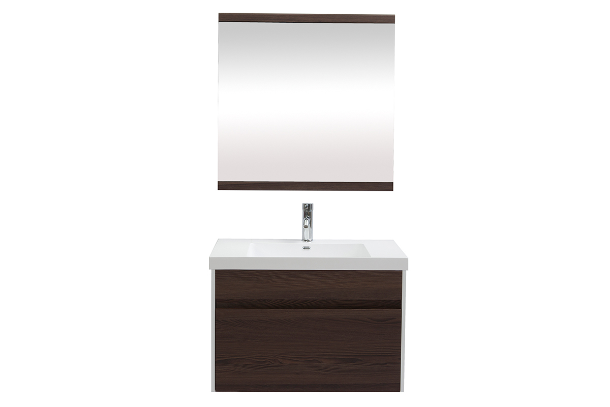 Mueble de bao con lavabo, espejo y almacenaje blanco y madera oscura GANFO