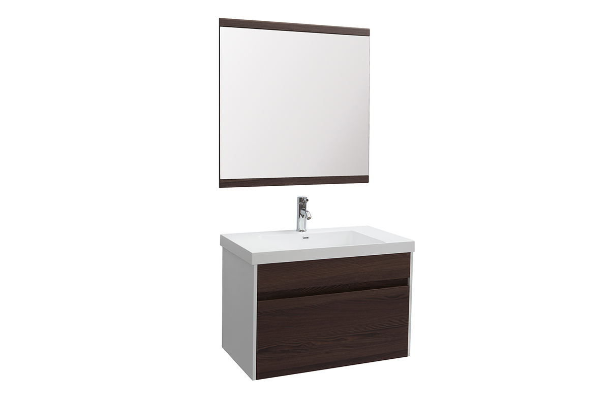 Mueble de bao con lavabo, espejo y almacenaje blanco y madera oscura GANFO
