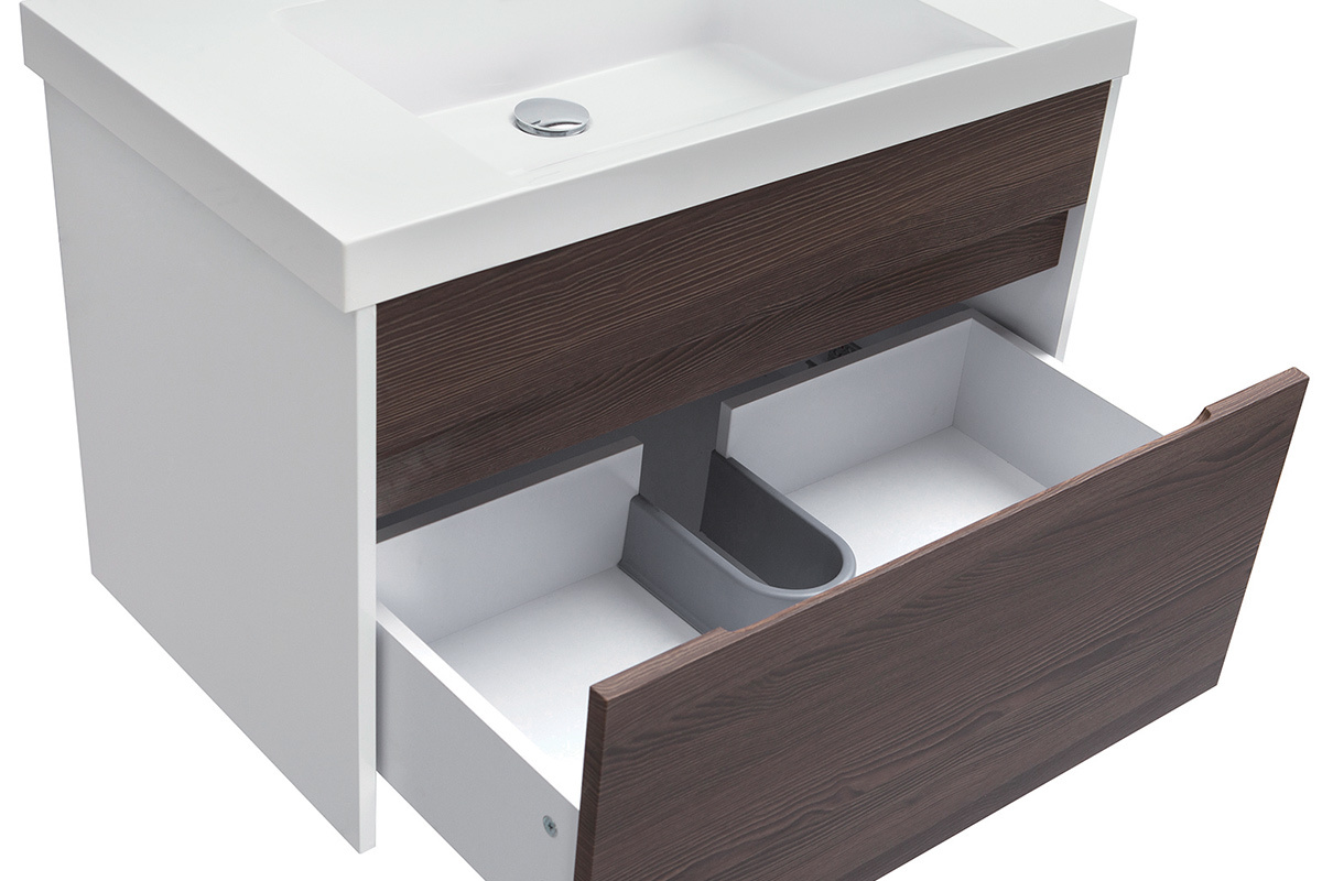 Mueble de bao con lavabo, espejo y almacenaje blanco y madera oscura GANFO