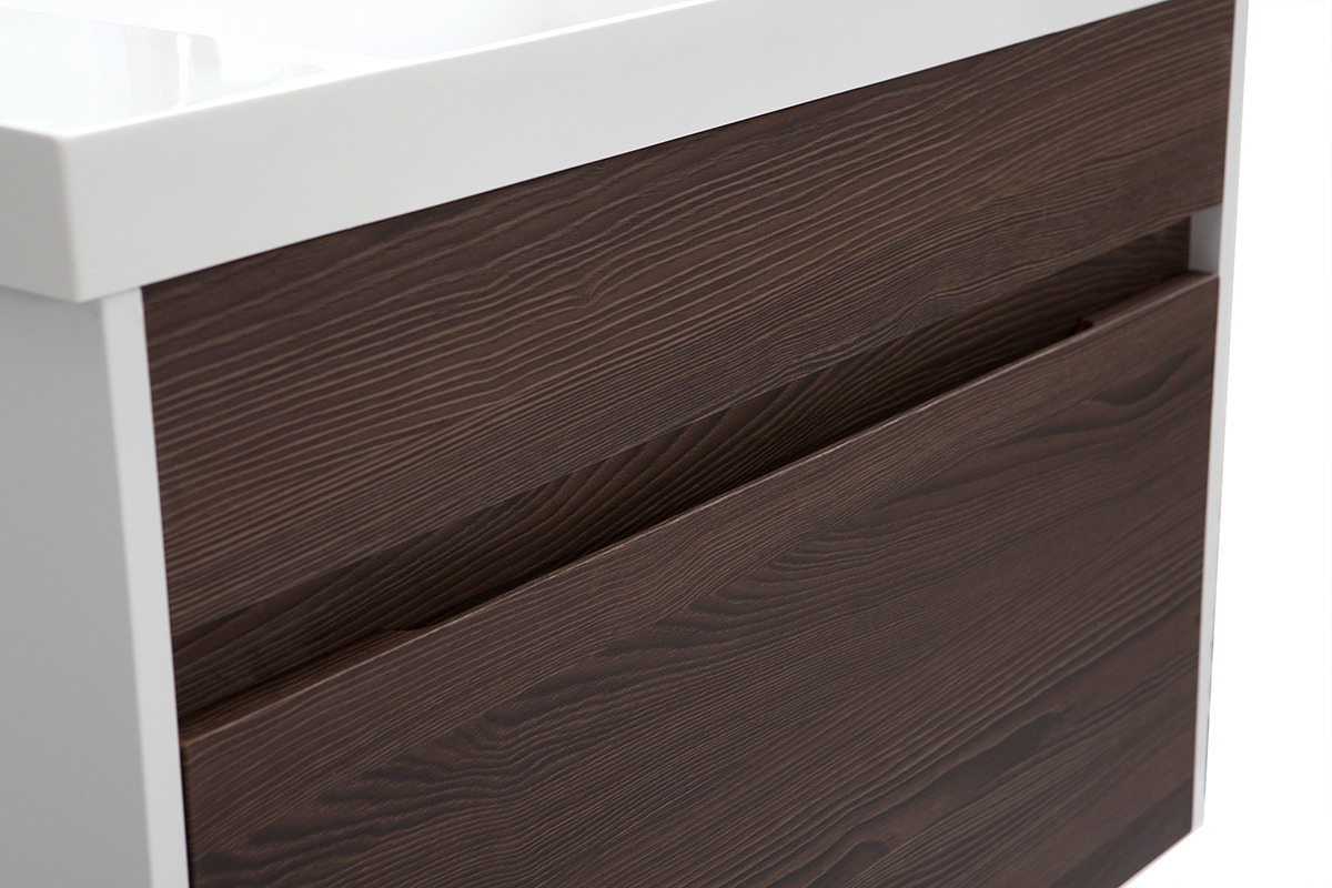 Mueble de bao con lavabo, espejo y almacenaje blanco y madera oscura GANFO