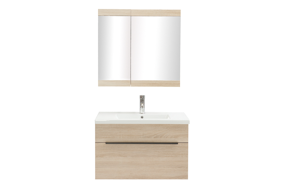 Mueble de bao con lavabo, espejo y almacenaje madera clara SEASON
