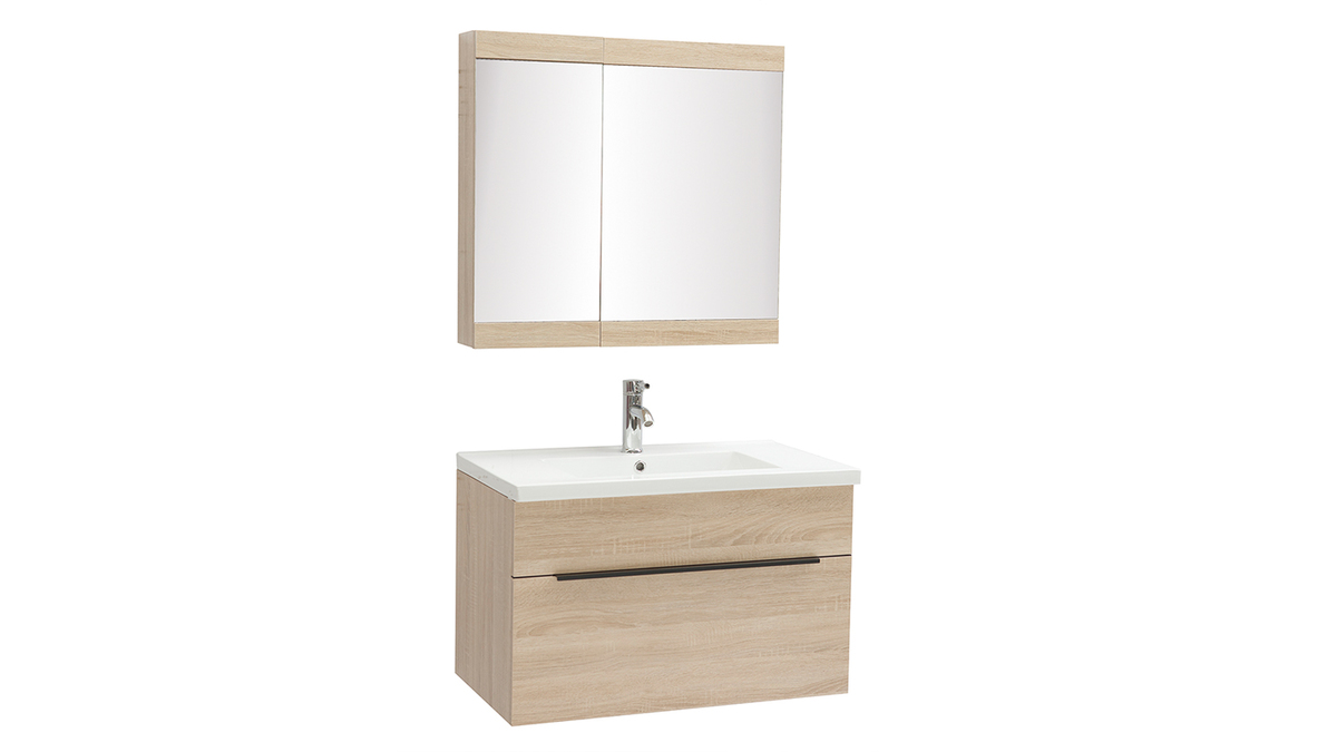 Mueble de bao con lavabo, espejo y almacenaje madera clara SEASON