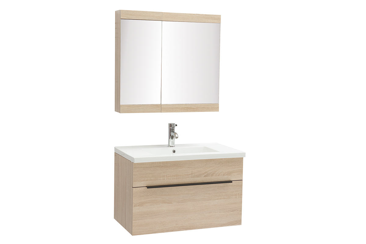 Mueble de bao con lavabo, espejo y almacenaje madera clara SEASON