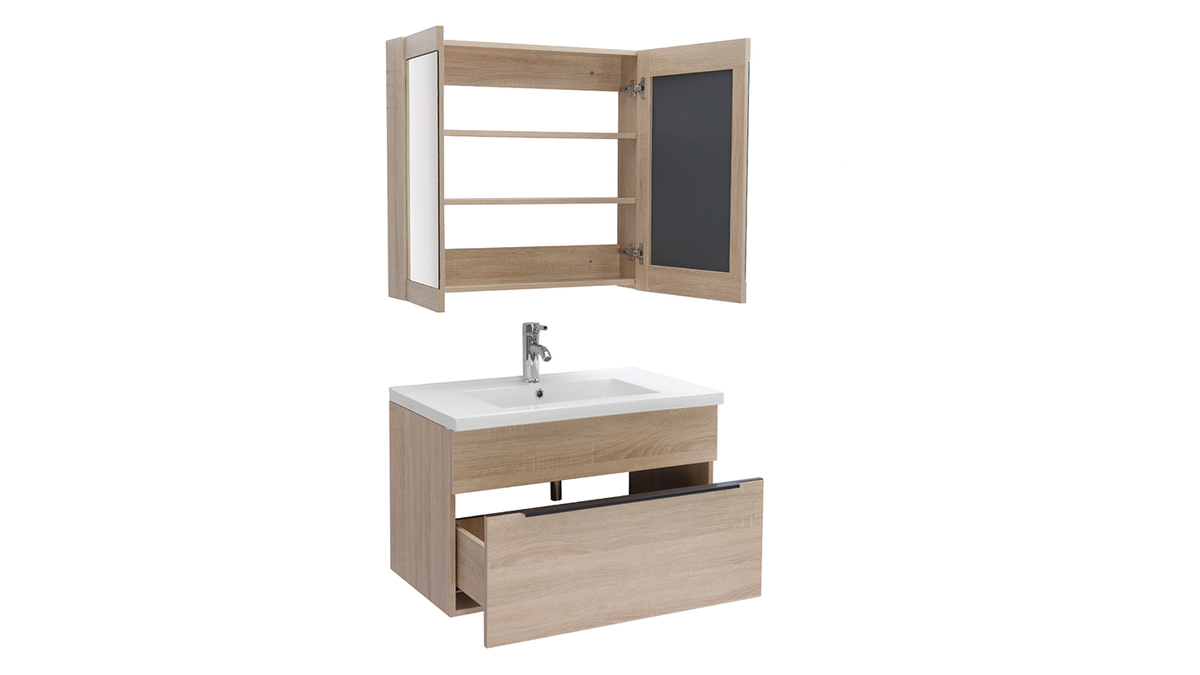 Mueble de bao con lavabo, espejo y almacenaje madera clara SEASON
