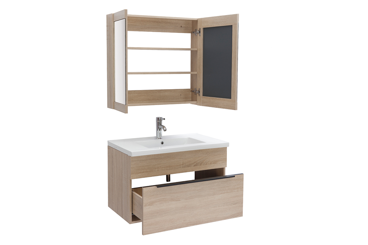 Mueble de bao con lavabo, espejo y almacenaje madera clara SEASON