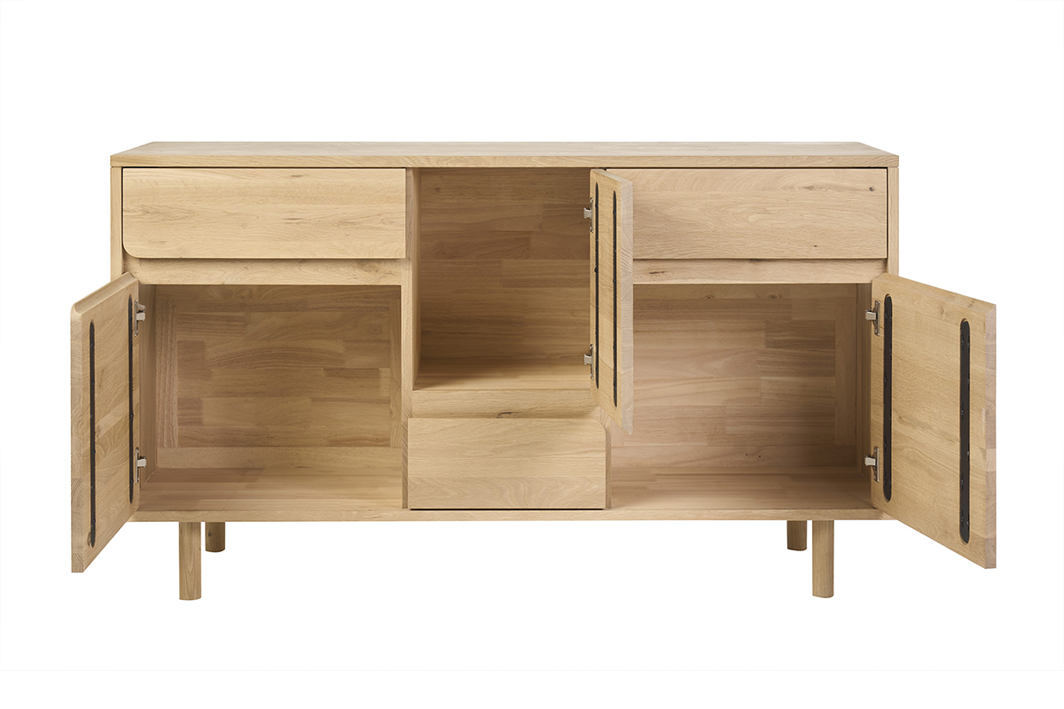 Mueble de ba�o de madera clara de roble macizo con caj�n y puertas abiertas, vista frontal.