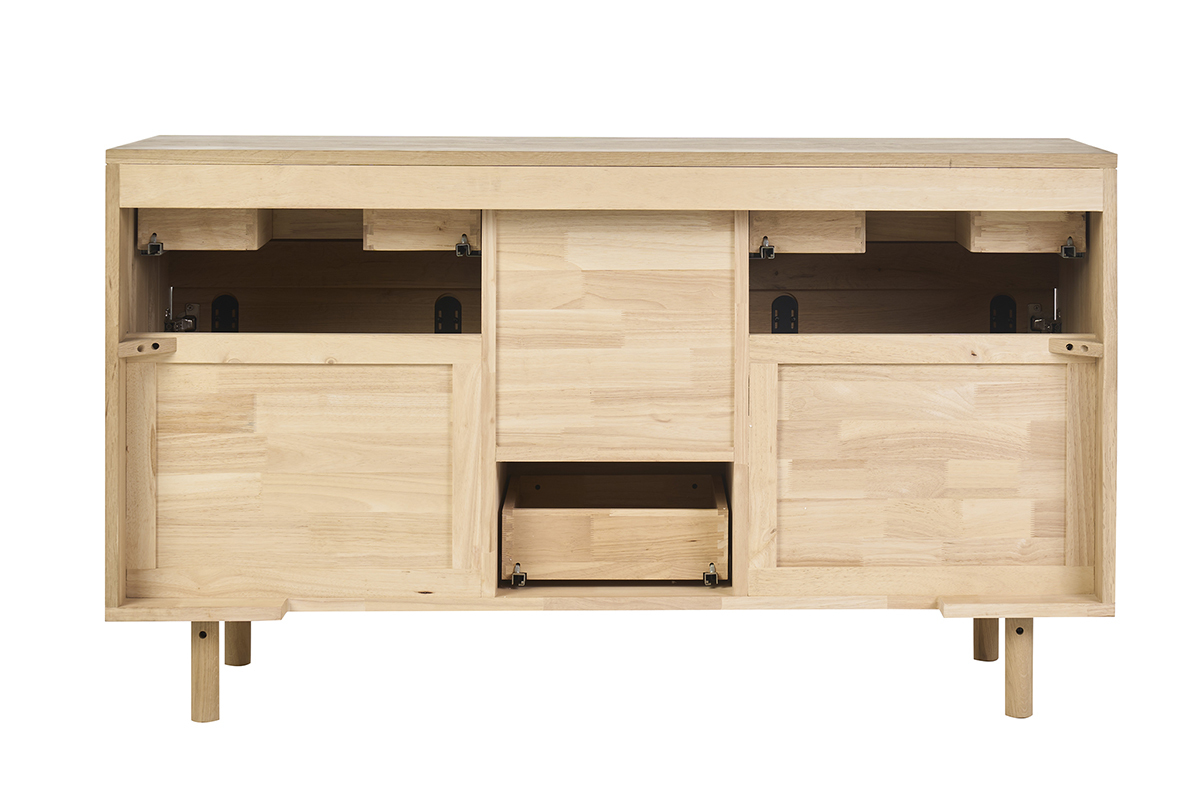 Mueble de ba�o de madera clara de roble macizo, vista trasera con puertas y cajones abiertos