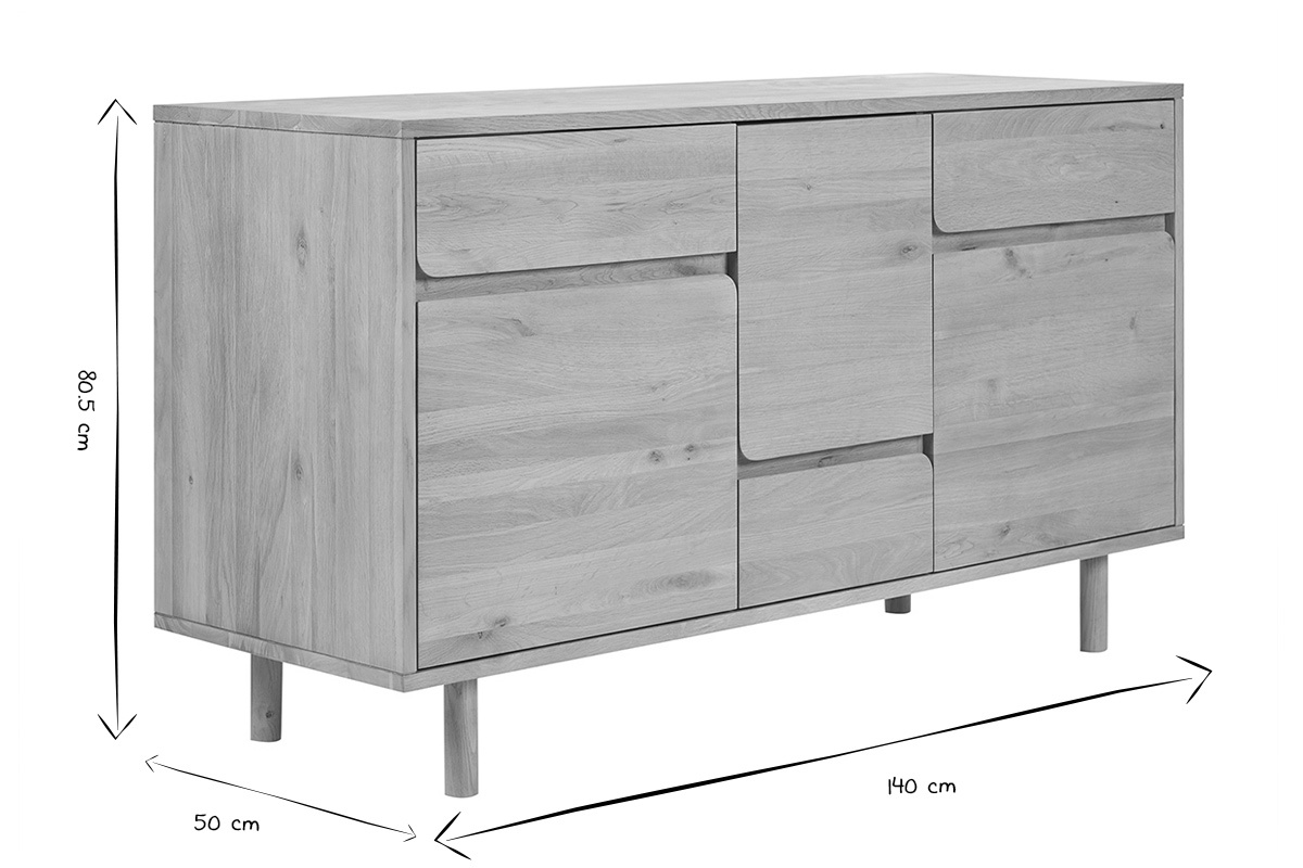 Dimensiones del mueble de ba�o de madera clara de roble macizo, 140 cm x 50 cm x 80,5 cm, negro y blanco.