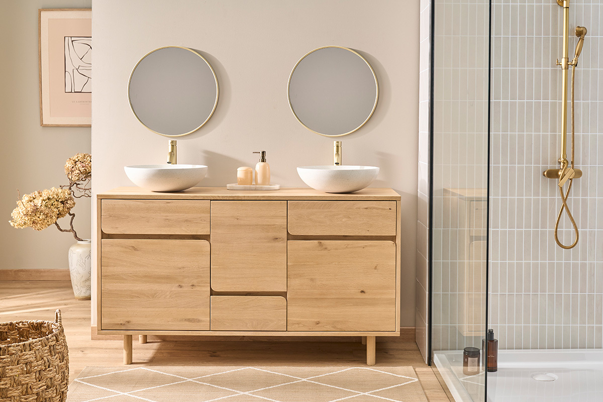 Mueble de ba�o de madera clara de roble macizo L140 cm SINCLAIR