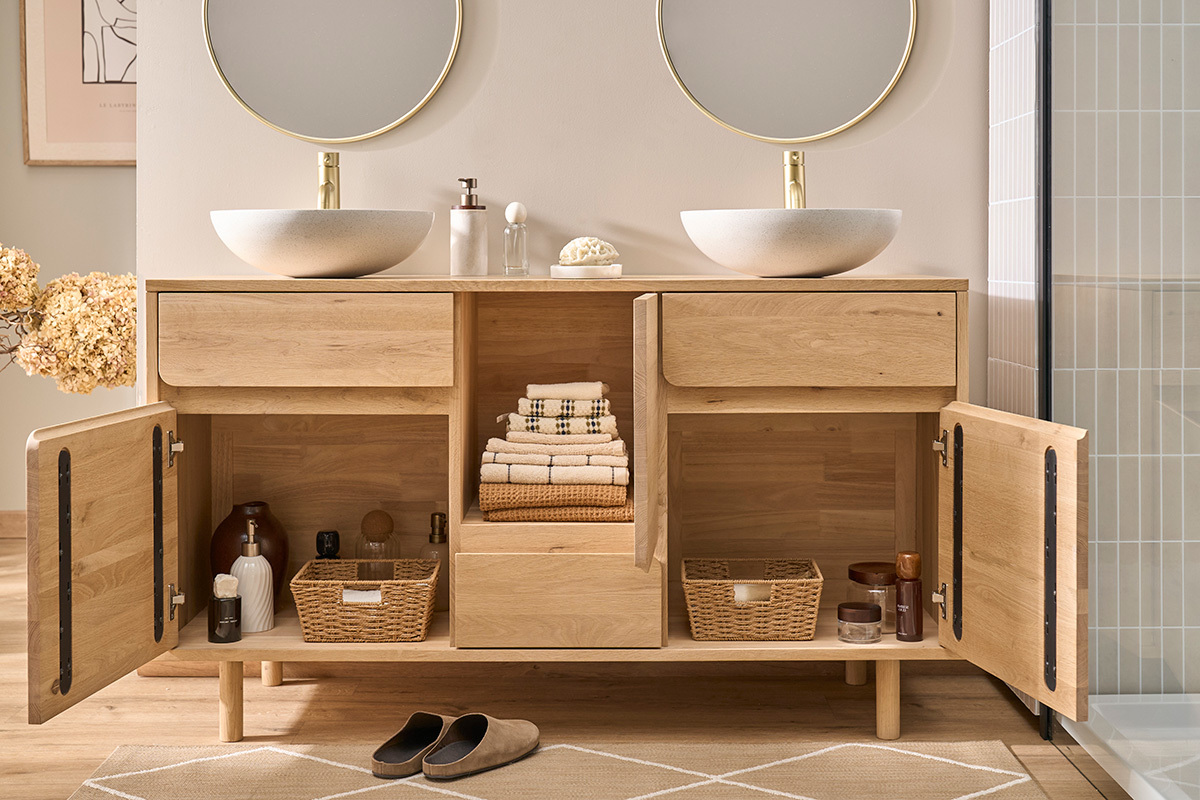 Mueble de ba�o de madera clara de roble macizo L140 cm SINCLAIR