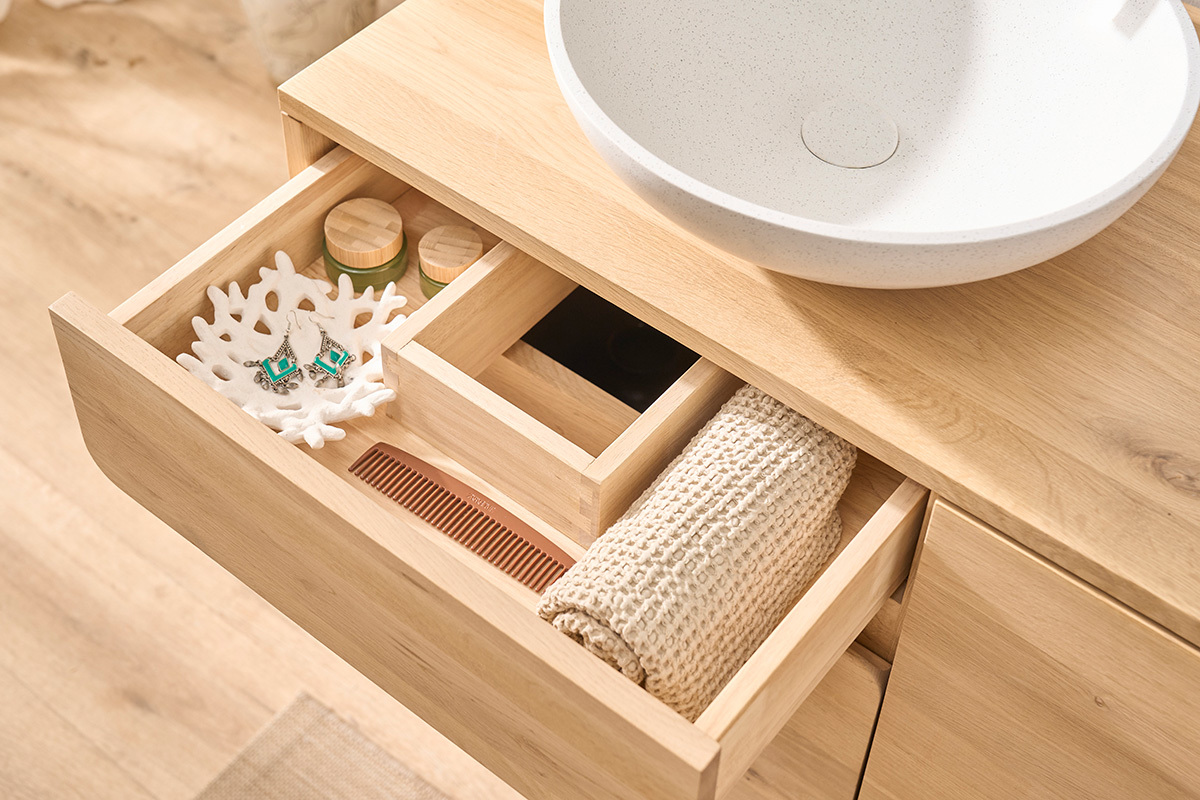 Mueble de ba�o de madera clara de roble macizo L140 cm SINCLAIR