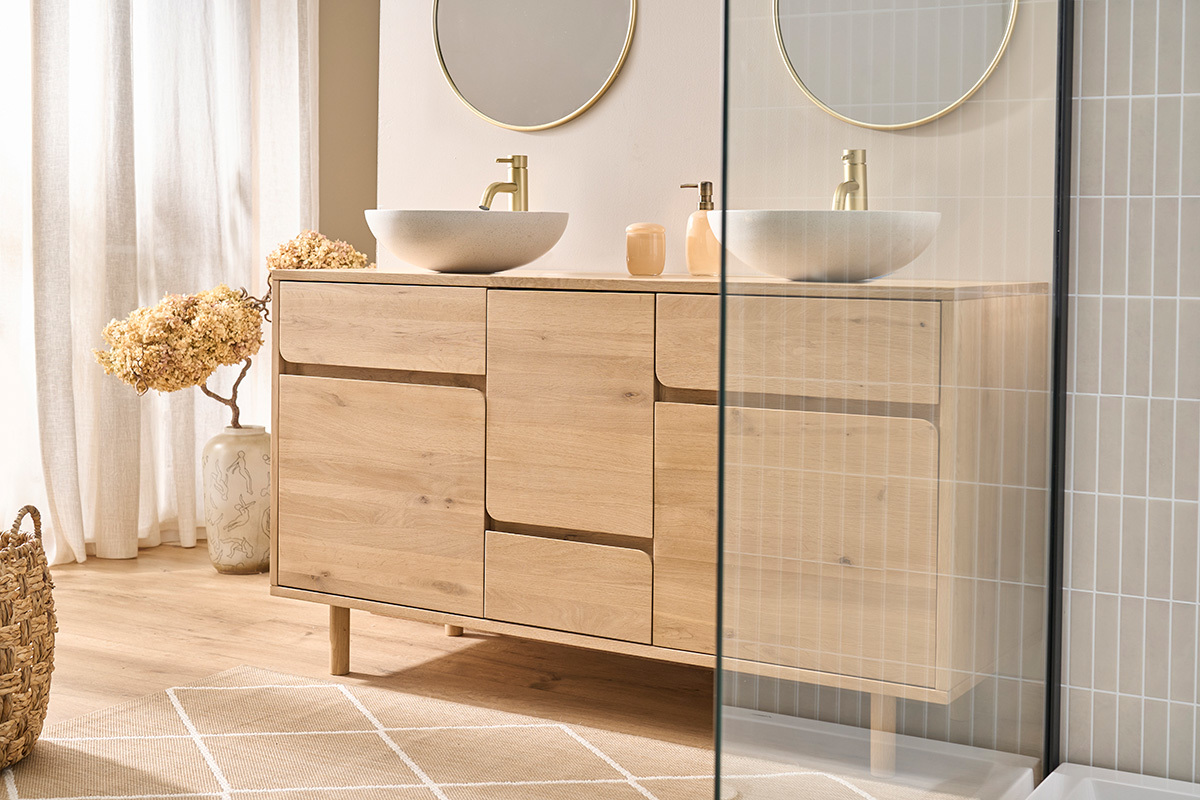 Mueble de ba�o de madera clara de roble macizo L140 cm SINCLAIR