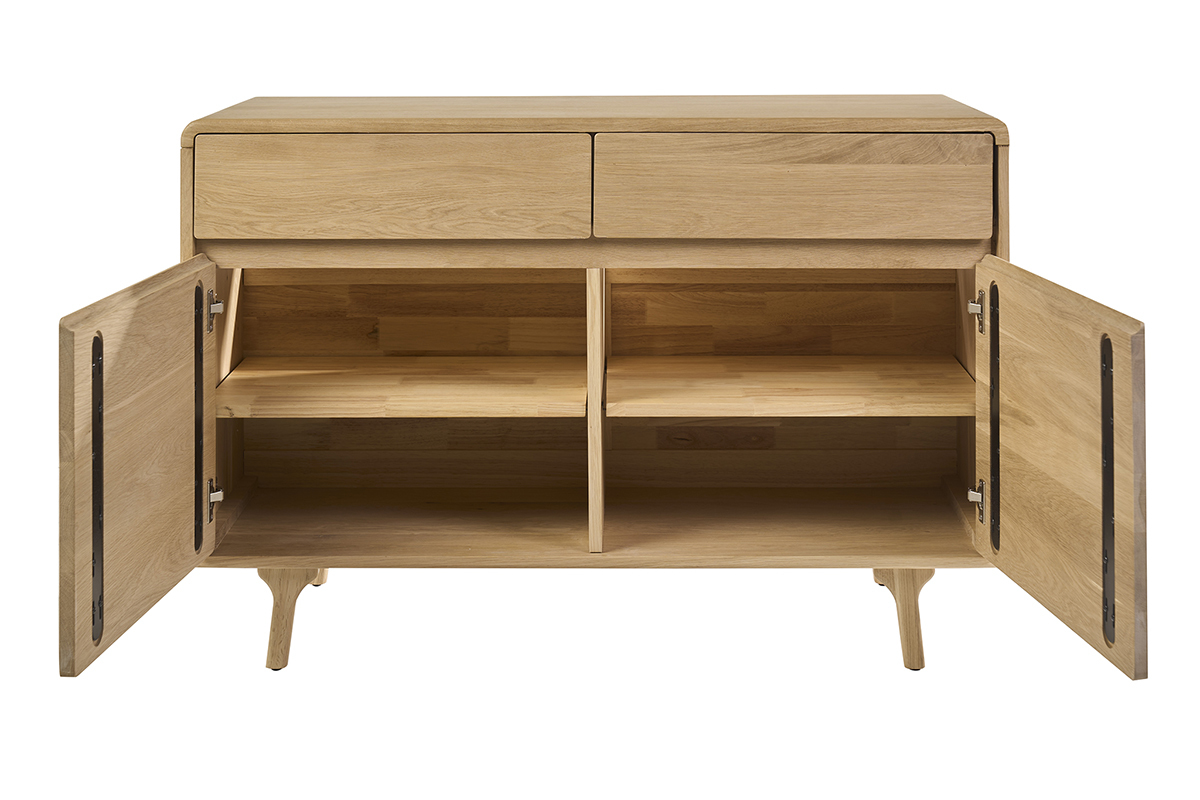 Mueble de ba�o de madera de roble macizo, vista frontal con cajones abiertos y puertas laterales abiertas.