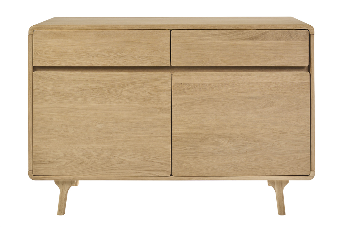Mueble de ba�o de madera de roble macizo visto de frente con dos cajones y dos puertas.
