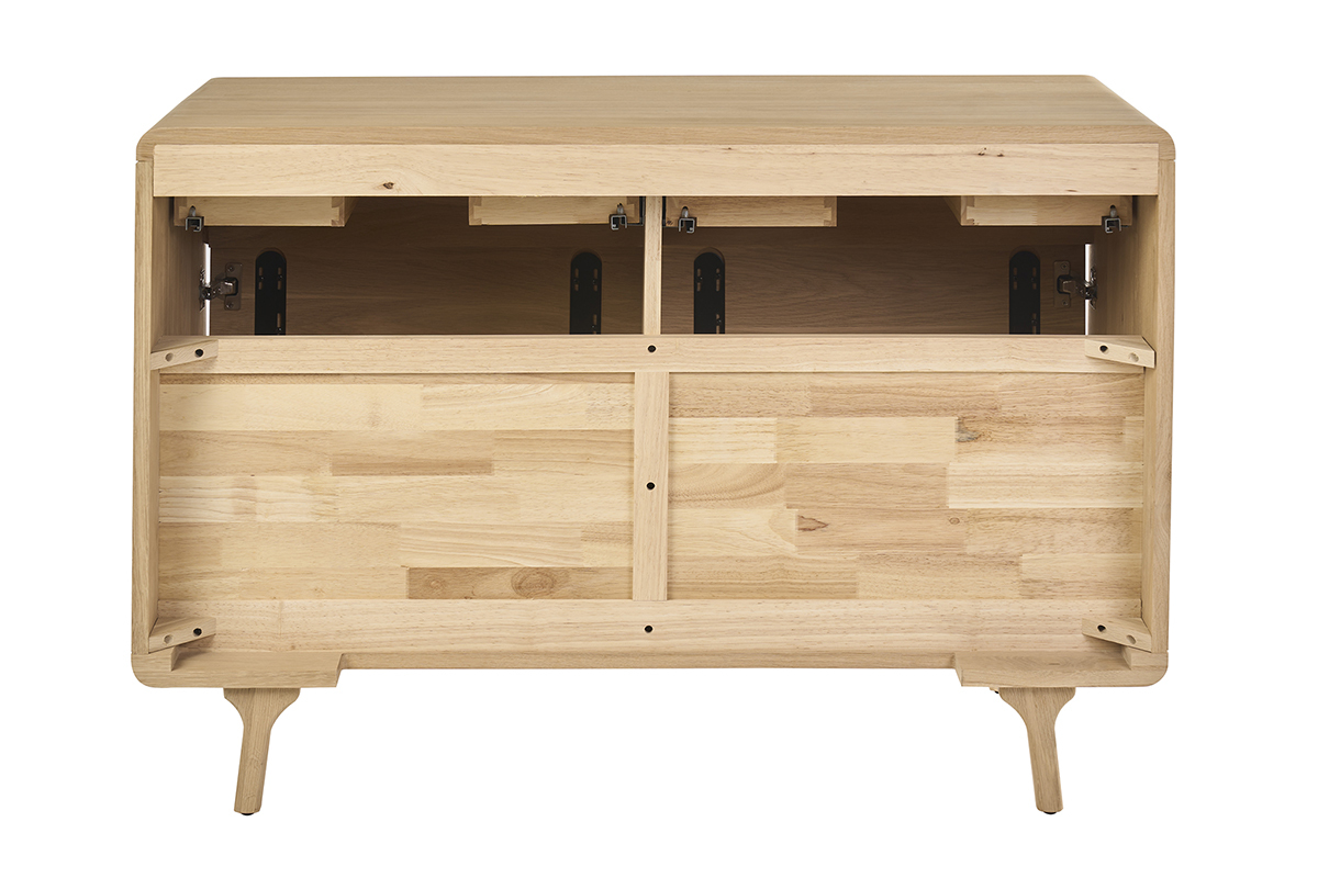 Mueble de ba�o de madera de roble macizo visto por detr�s, con cajones abiertos y estructura visible.