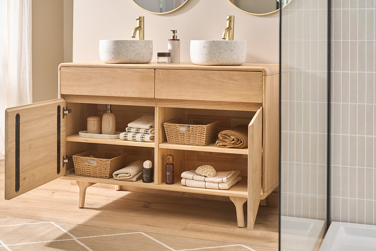 Mueble de ba�o de madera de roble macizo, abierto, con cajones y compartimentos, estilo escandinavo