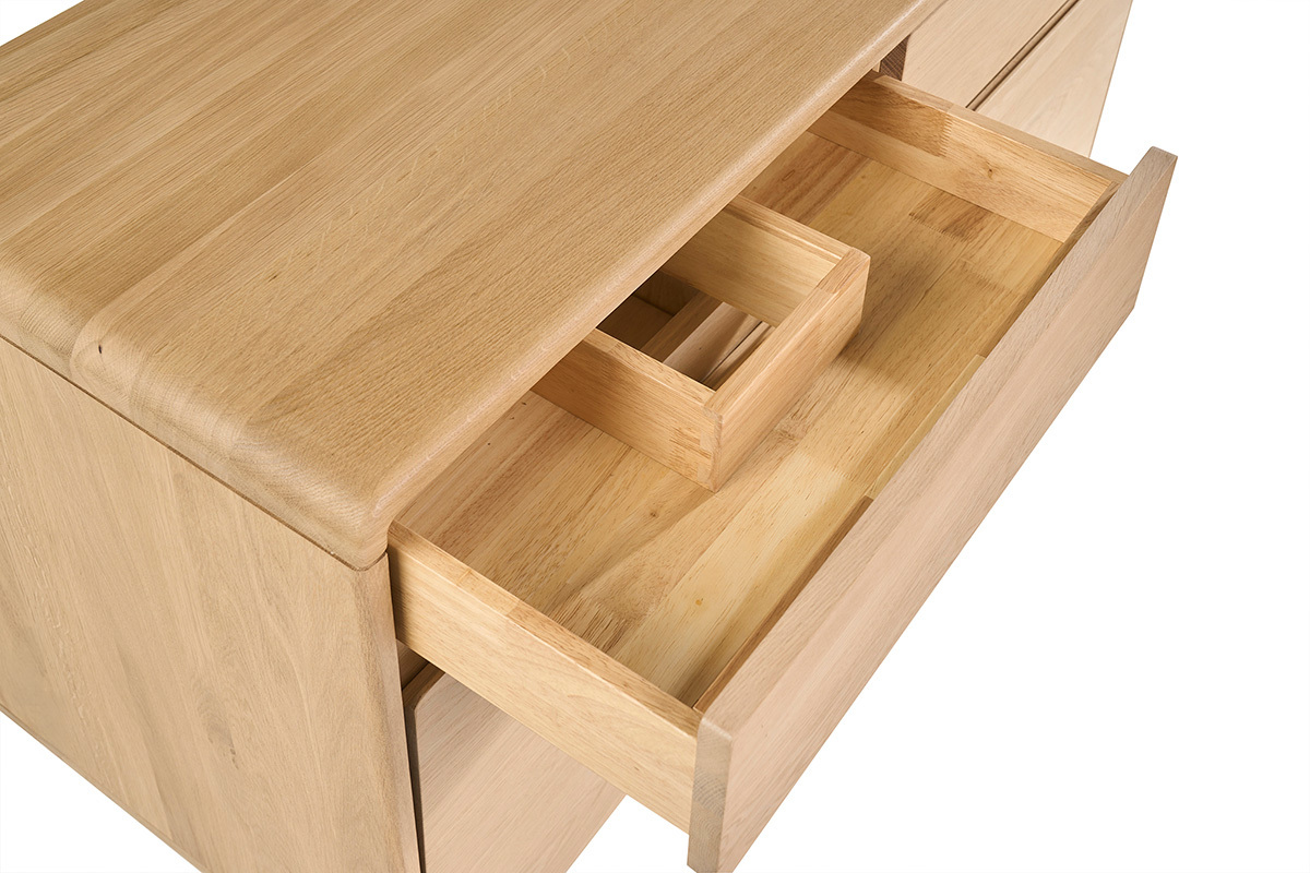 Mueble de ba�o de madera de roble macizo con cajones abiertos, vista superior