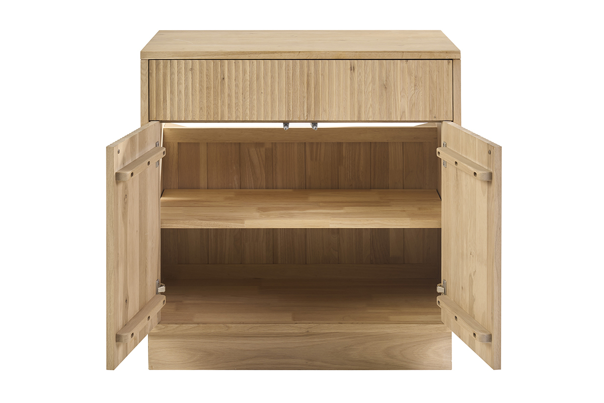 Mueble de ba�o de roble macizo, caj�n abierto y puertas principales abiertas, vista frontal.