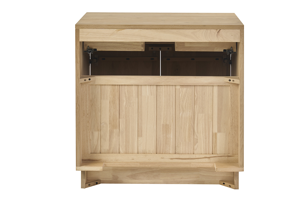 Mueble de ba�o de madera de roble macizo, vista trasera con caj�n y puertas abiertas