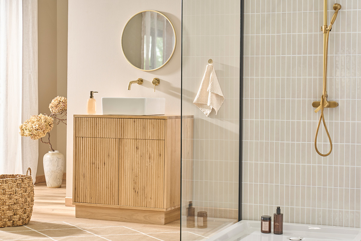 Mueble de ba�o de madera de roble macizo L80 cm ALISTAIR