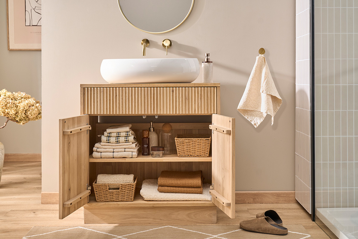 Mueble de ba�o de madera de roble macizo L80 cm ALISTAIR