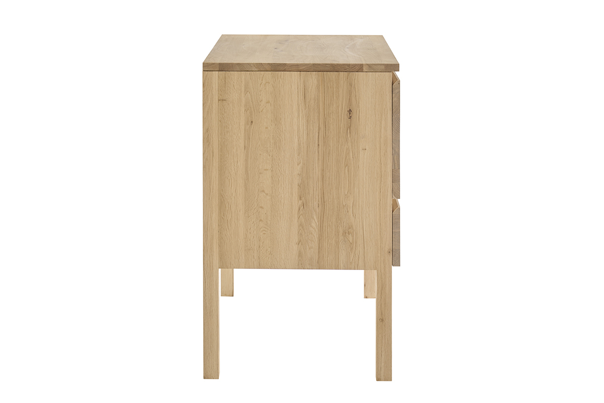 Mueble de ba�o de madera de roble macizo, vista de perfil, con dos cajones y patas cuadradas.