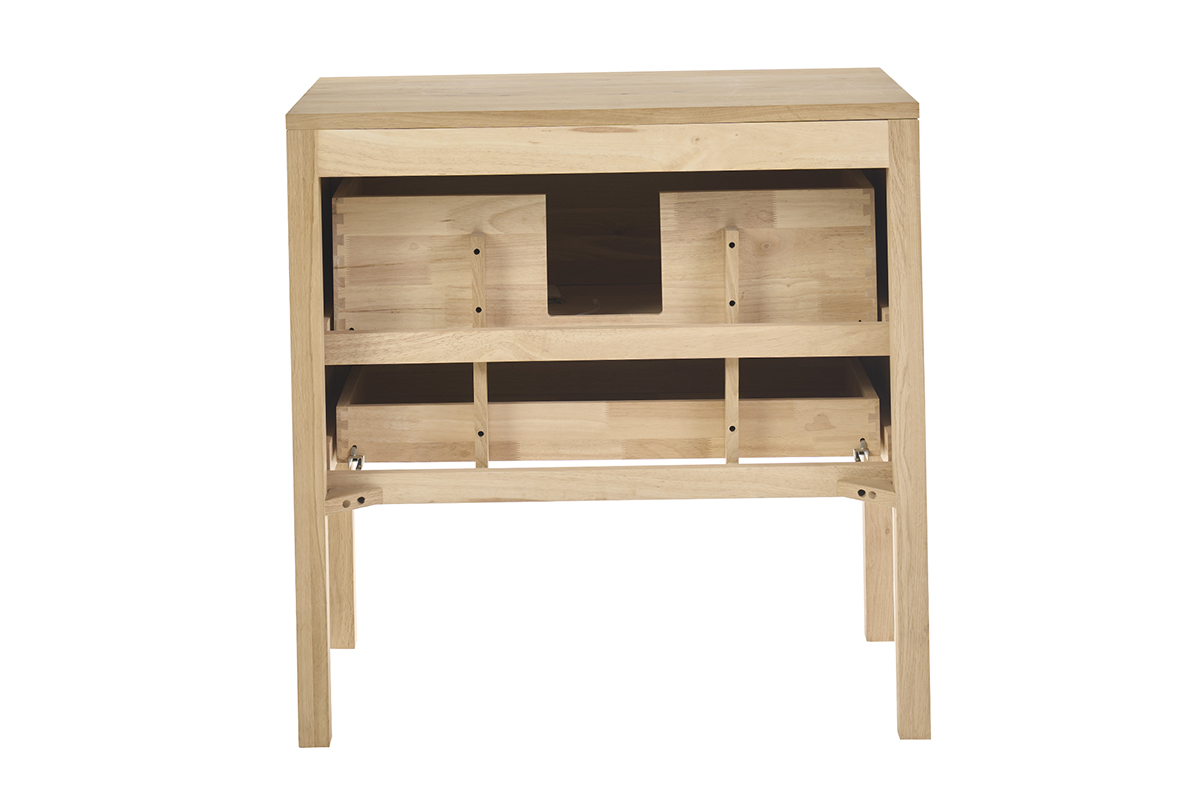Mueble de ba�o de madera de roble macizo, vista trasera, con dos cajones abiertos.