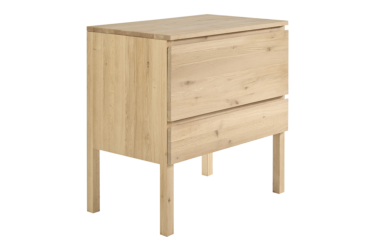 Mueble de ba�o de madera de roble macizo, vista en tres cuartos, dos cajones sin tiradores.