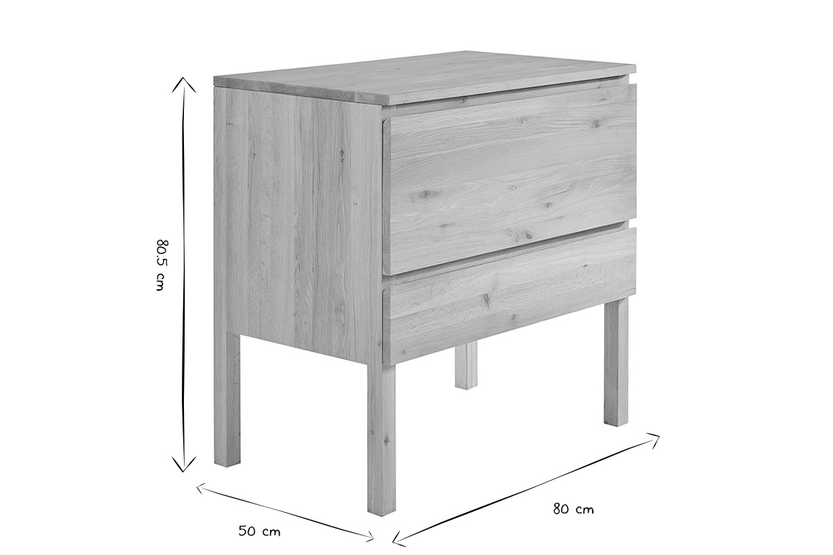 Dimensiones del mueble de ba�o de madera de roble macizo, L80 cm, H80,5 cm, P50 cm en blanco y negro.