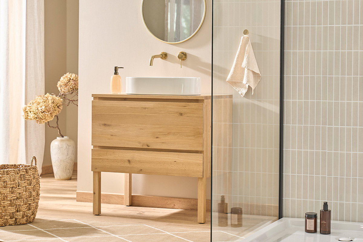 Mueble de ba�o de madera de roble macizo L80 cm JOSHUA