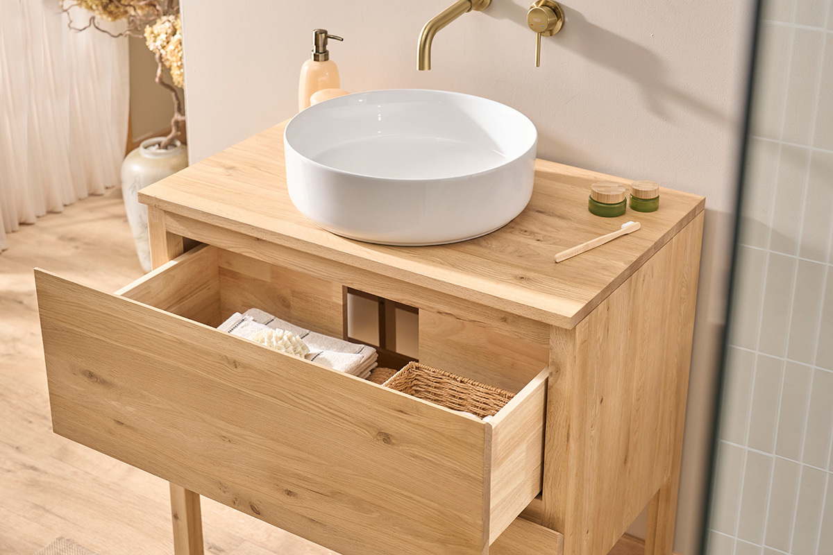 Mueble de ba�o de madera de roble macizo L80 cm JOSHUA