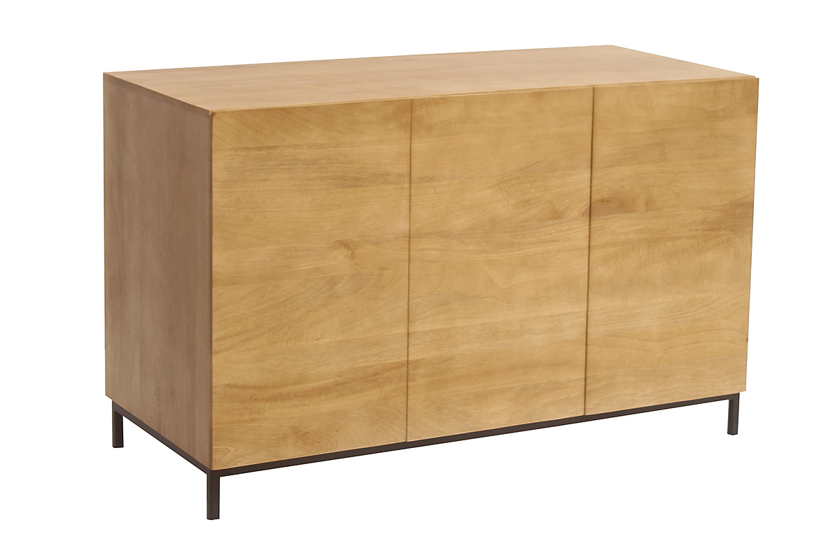 Mueble de ba�o de madera maciza de mango, vista en tres cuartos, con patas de metal.