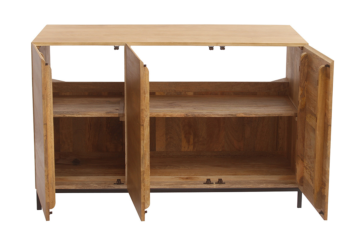 Mueble de ba�o de madera maciza de mango L120 cm, vista frontal con las puertas abiertas.