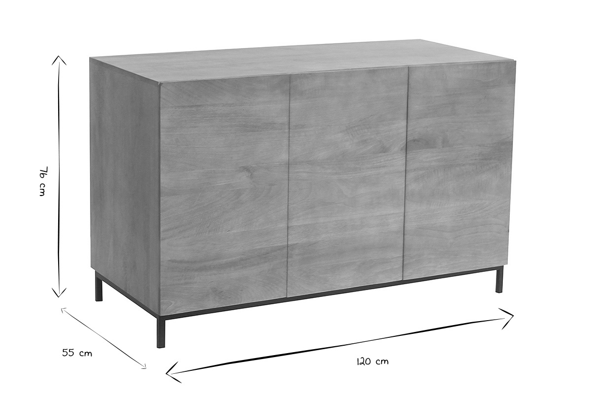Dimensiones del mueble de ba�o de madera maciza de mango, L120 cm, H76 cm, P55 cm, en negro y blanco.