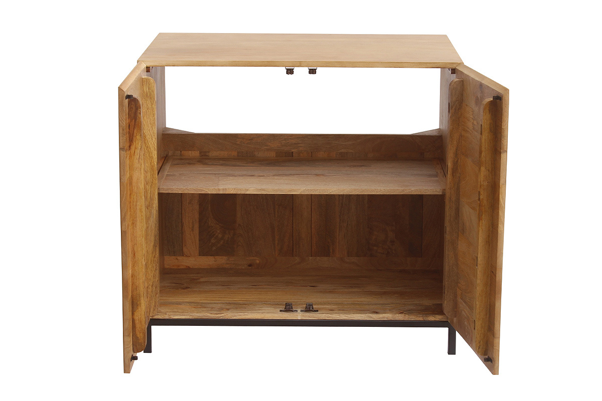Mueble de ba�o de madera maciza de mango con puertas abiertas, vista frontal.