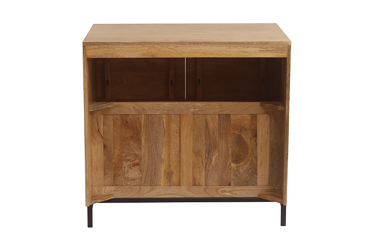 Mueble de ba�o de madera maciza de mango, vista trasera, con almacenamiento abierto y patas de metal.