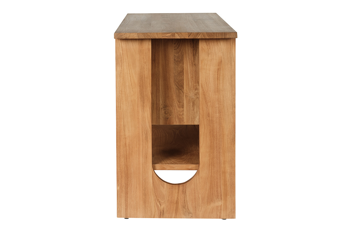 Mueble de ba�o de teca maciza, vista de perfil, con un almacenamiento abierto.