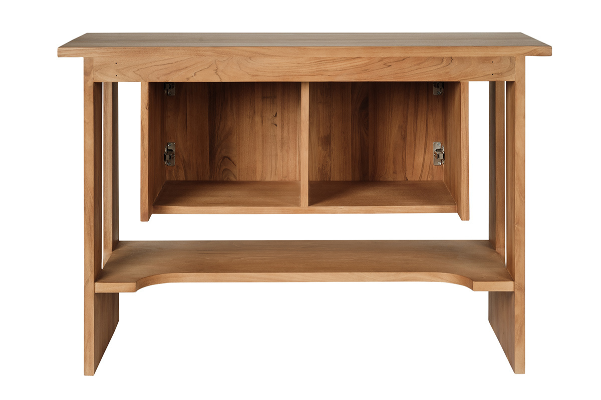 Mueble de ba�o de madera de teca maciza, vista trasera, con compartimentos de almacenamiento.