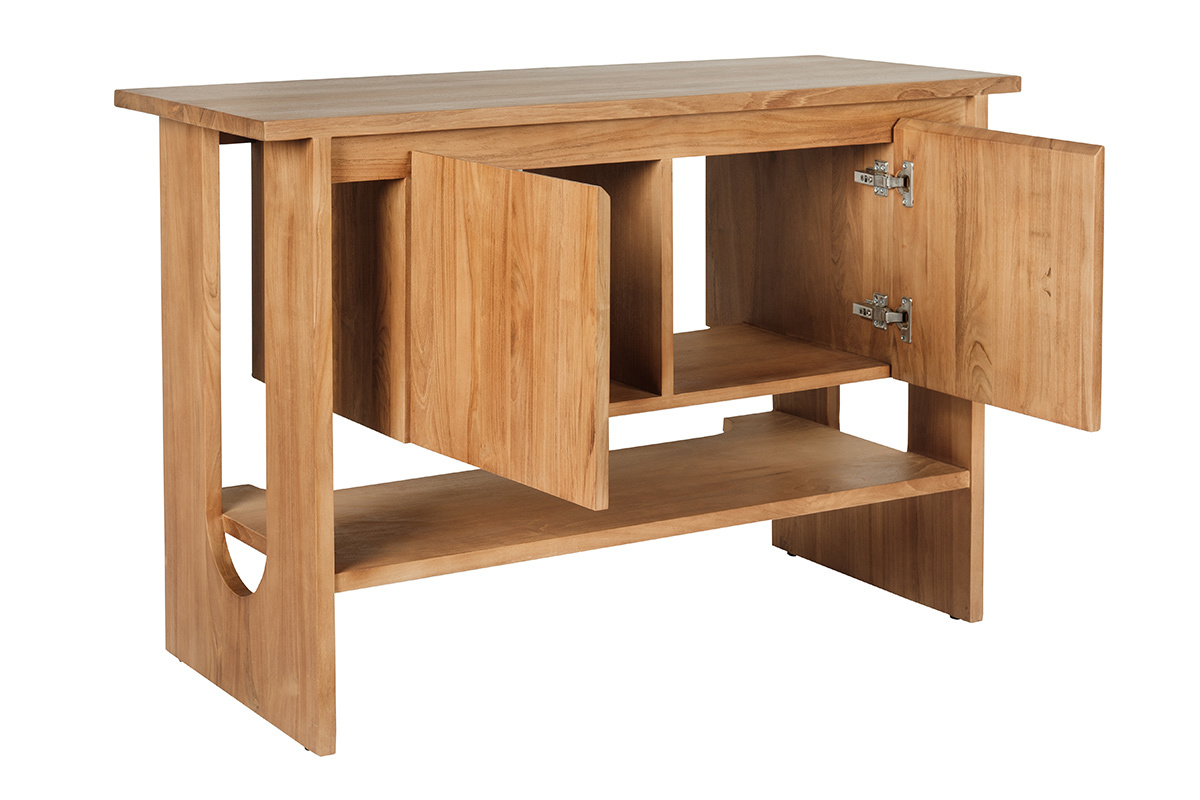 Mueble de ba�o de madera de teca maciza, vista en 3/4 con 2 puertas abiertas, espacio de almacenamiento visible.