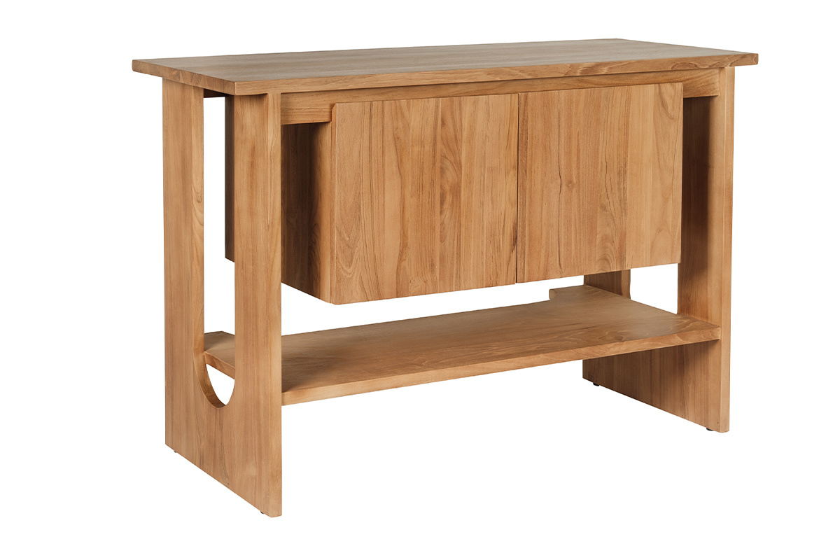 Mueble de ba�o de madera de teca maciza, frontal con puertas, estante inferior, vista en 3/4