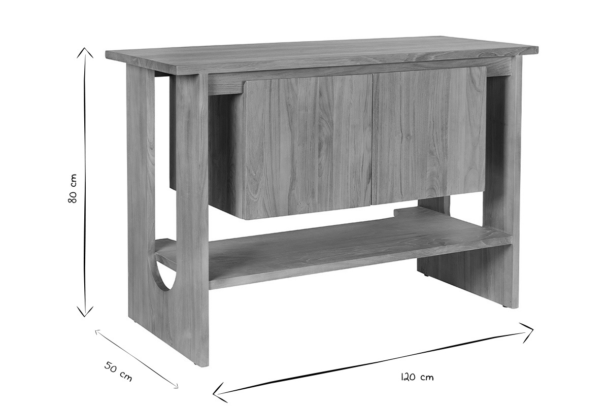 Dimensiones del mueble de ba�o de madera maciza de teca: L120 x P50 x H80 cm en negro y blanco.