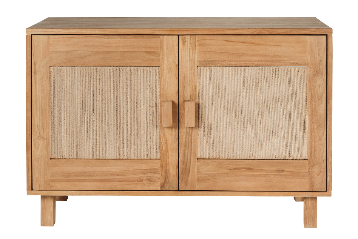Mueble de ba�o de madera de teca maciza y cuerda trenzada, vista frontal con dos puertas.