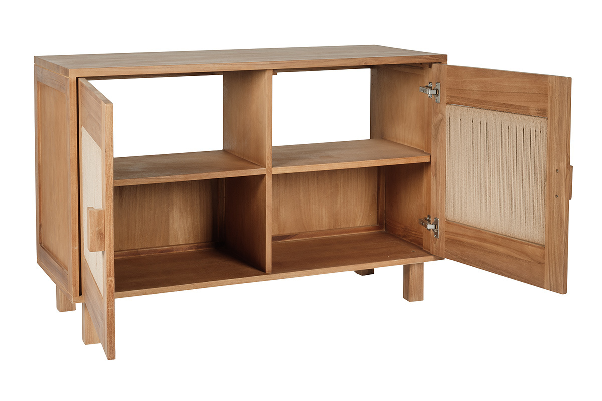 Mueble de ba�o de madera de teca maciza y cuerda trenzada, abierto, con compartimentos de almacenamiento.