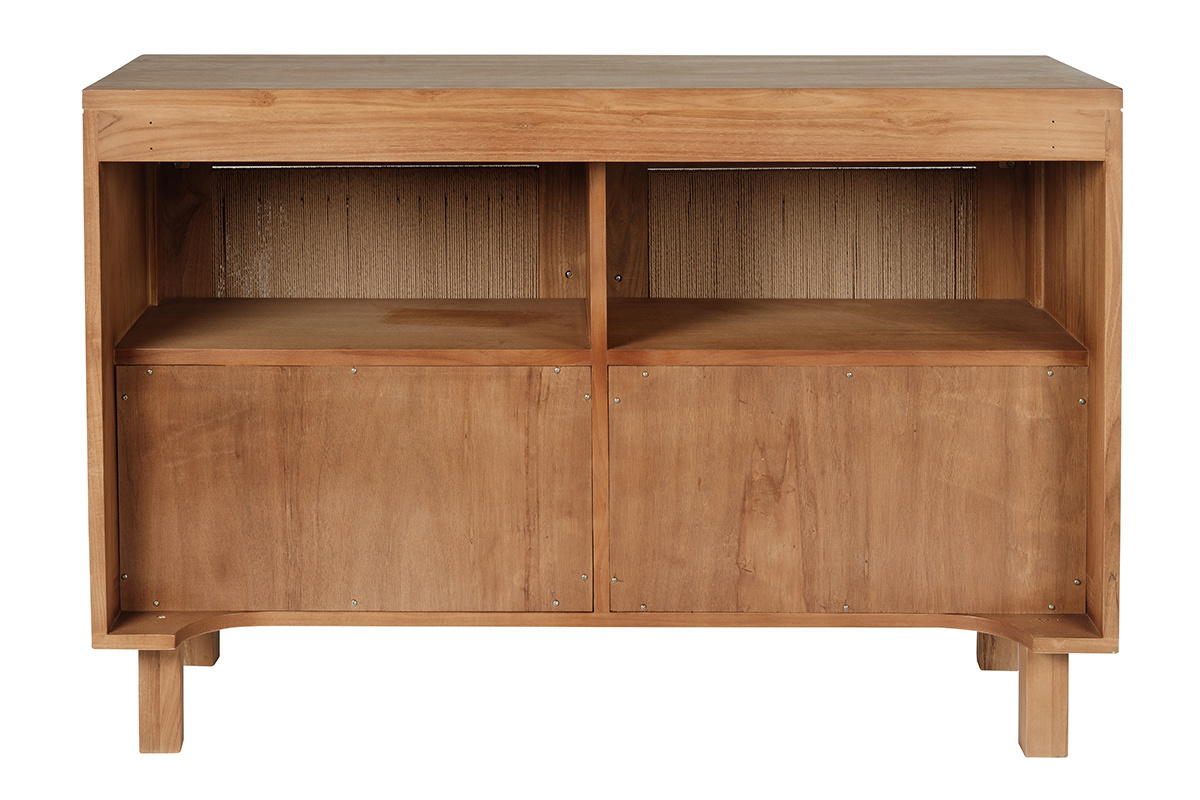 Mueble de ba�o de madera de teca maciza y cuerda trenzada, vista trasera, con dos espacios de almacenamiento abiertos.