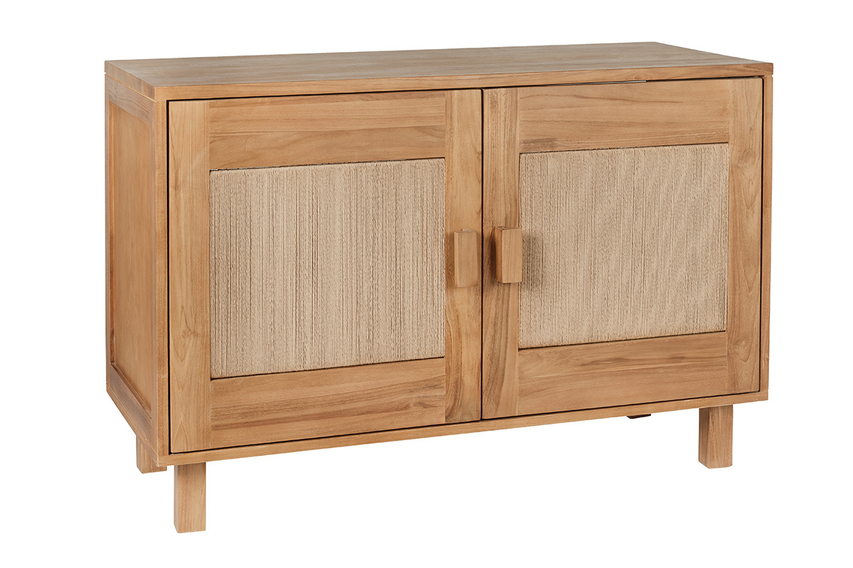 Mueble de ba�o de madera maciza de teca y cuerda trenzada, vista de 3/4.