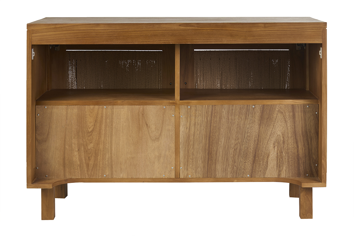 Mueble de ba�o de madera de teca maciza y cuerda trenzada, vista trasera, con dos espacios de almacenamiento.