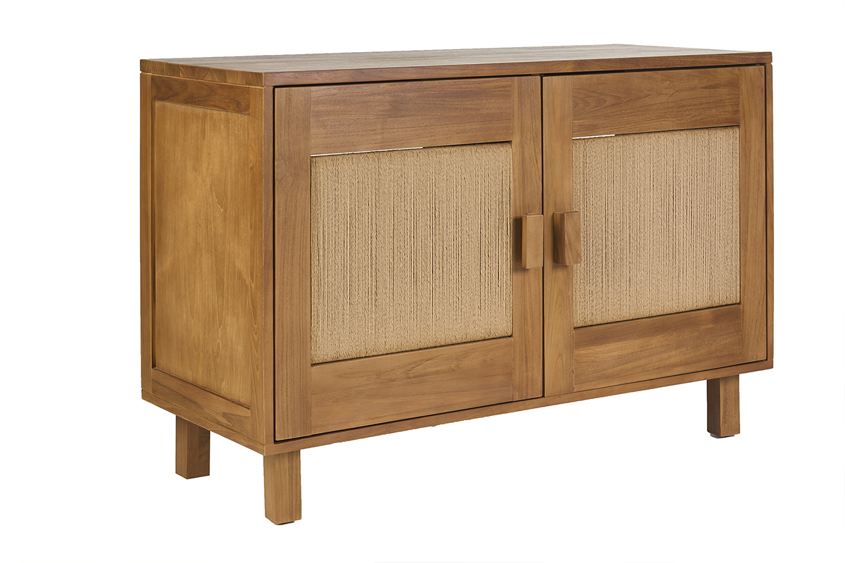 Mueble de ba�o de madera de teca maciza con puertas de cuerda trenzada, vista en tres cuartos
